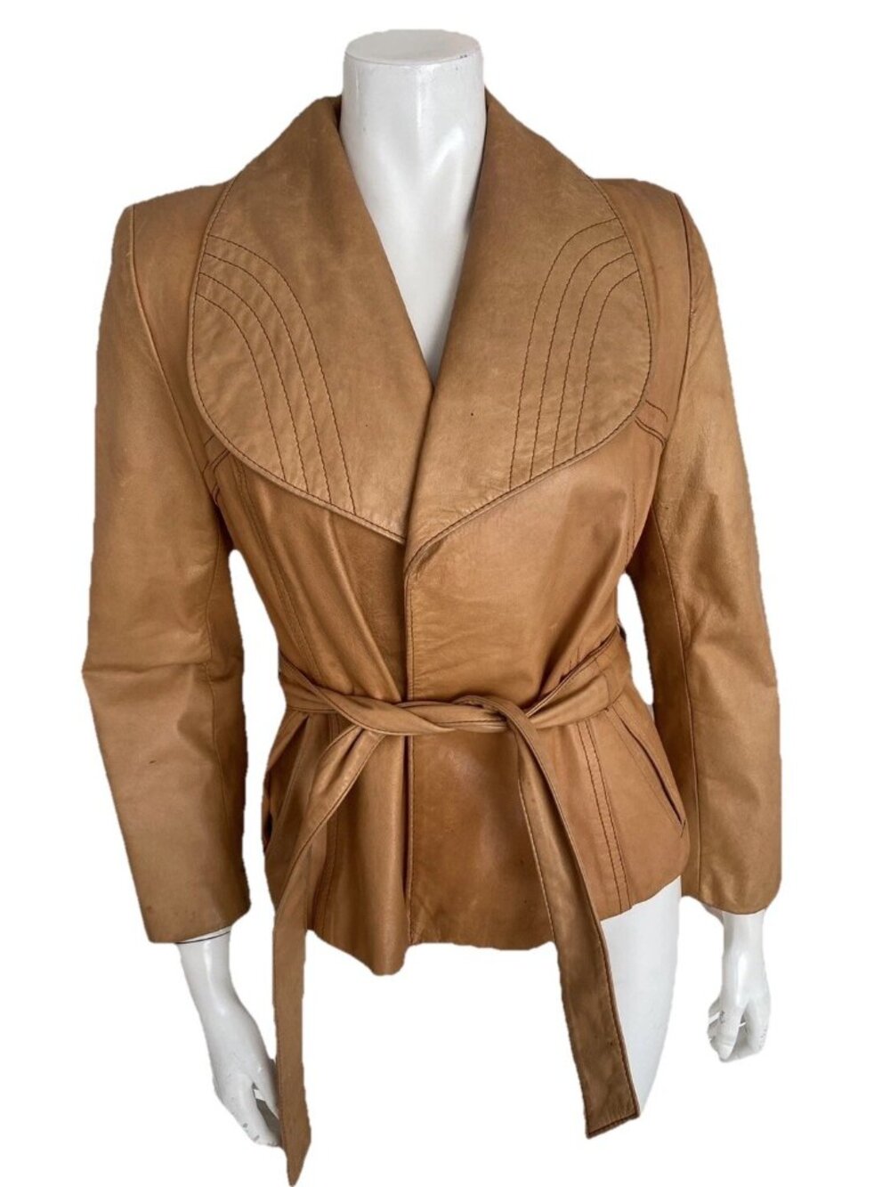 Vintage Uruguay Leather Womens Beige Buff Oatmeal Belted Jacket Camel